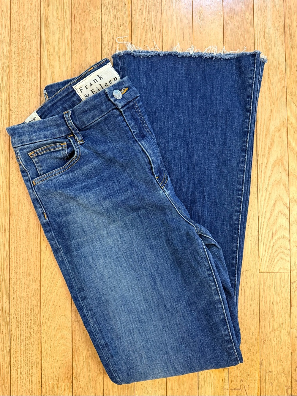 Frank & Eileen Mid-Blue Flared Denim Jeans with Frayed Hem